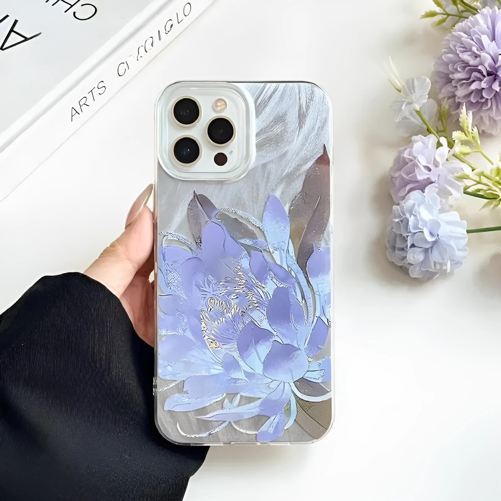 Blue Lotus pattern hard plastic mobile phone case for Apple iPhone on a white background.