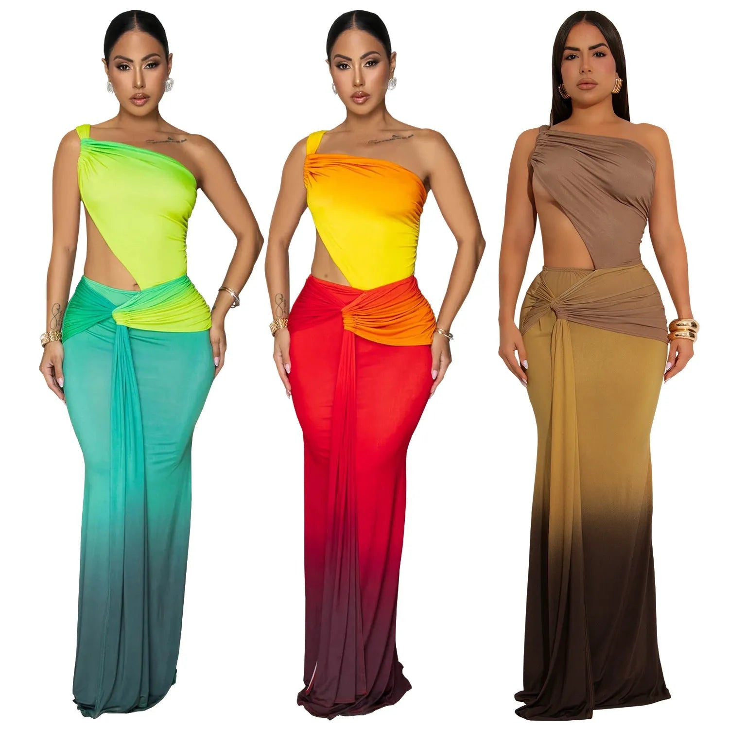 Women's gradient colour asymmetric cross-shoulder sleeveless dress with a high waist and long skirt.