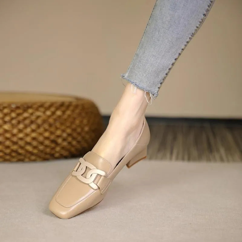 Women's British style chunky heel pumps square toe solid colour microfiber lining apricot beige black