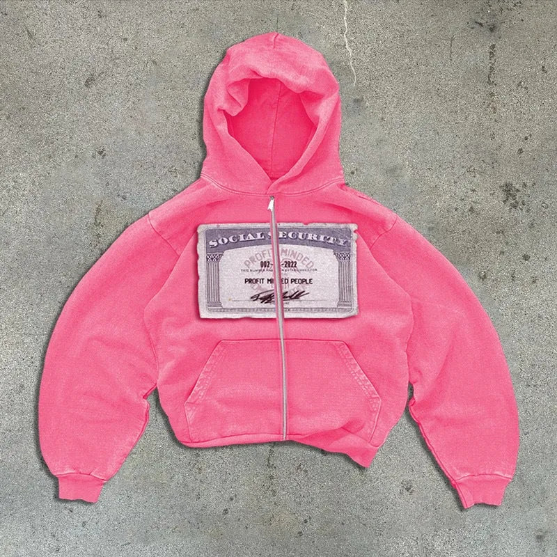 Unisex loose fit hoodie jacket with letters pattern and zipper pockets in black, grey, or pink.