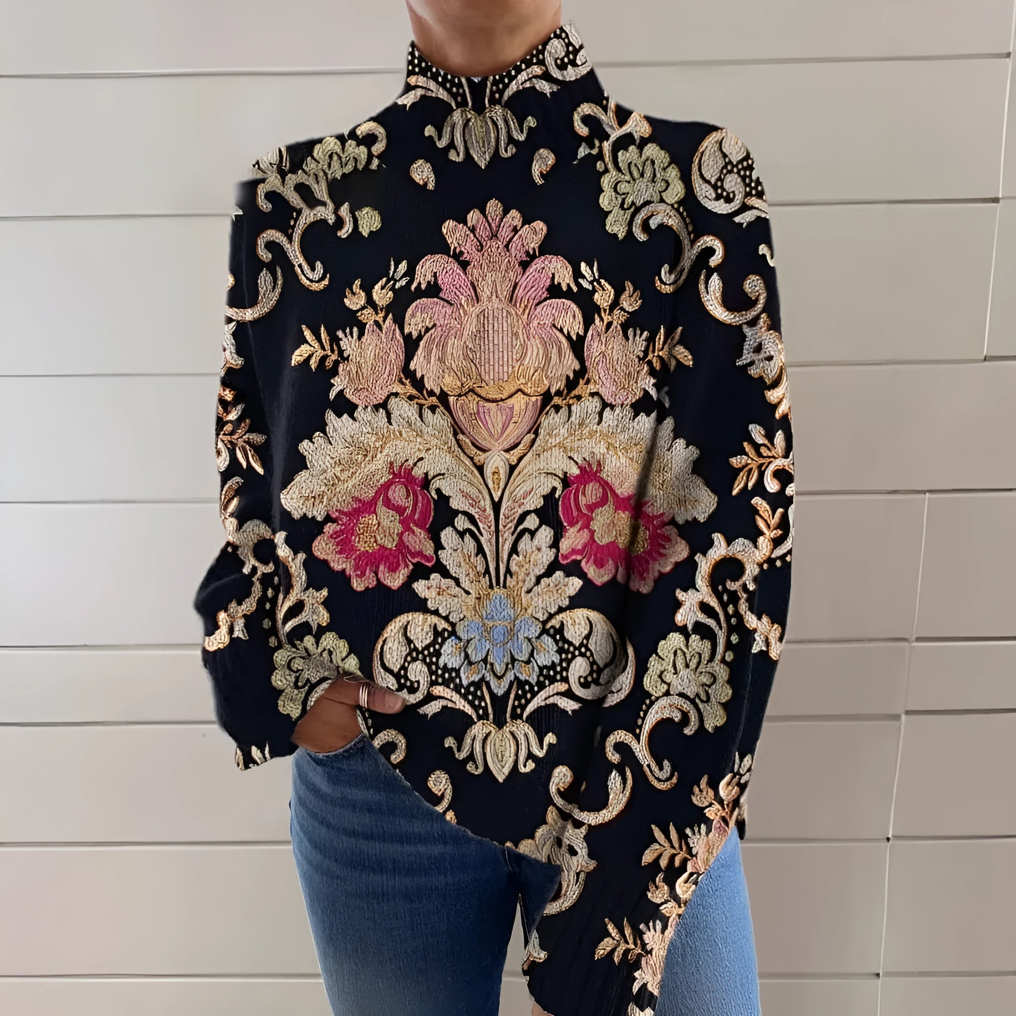 Black 3D pattern printed turtleneck long sleeve sweater with loose fit and Japanese Korean styling
