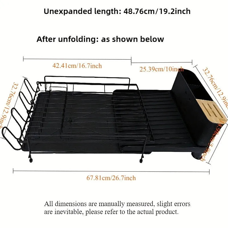 Retractable carbon steel dish rack for cutlery drying with foldable design