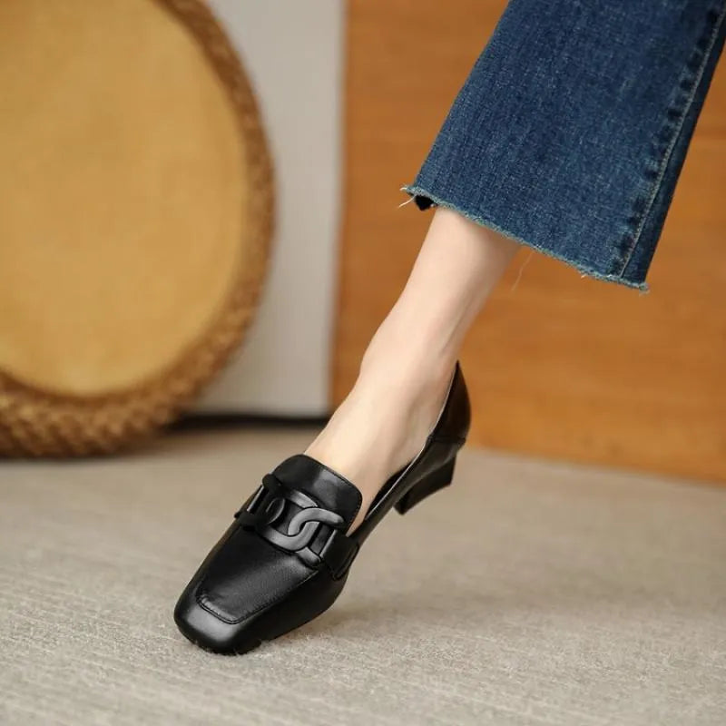 Women's British style chunky heel pumps square toe solid colour microfiber lining apricot beige black