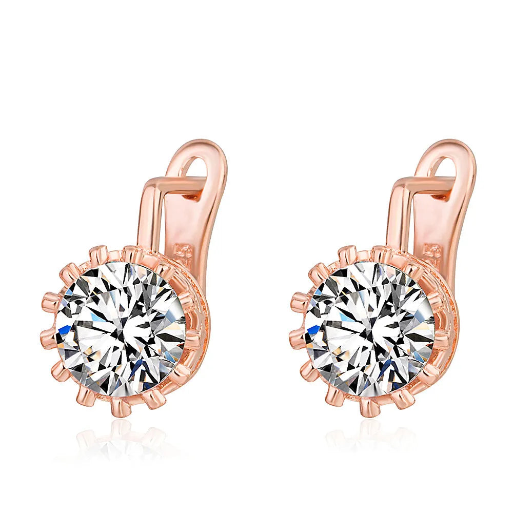 Korean retro crown clip-on earrings with white diamond detail in rose gold and white gold colour options