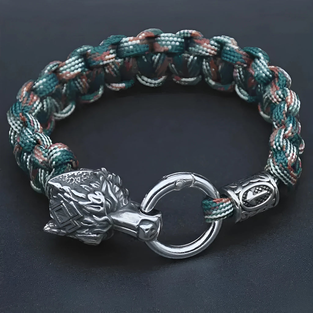 Handmade titanium steel wolf head bracelet with Luen character in camouflage colour.