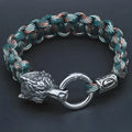 Handmade titanium steel wolf head bracelet with Luen character in camouflage colour.