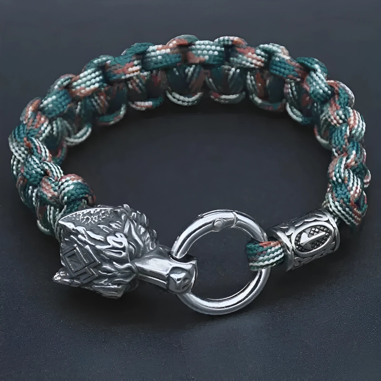 Handmade titanium steel wolf head bracelet with Luen character in camouflage colour.