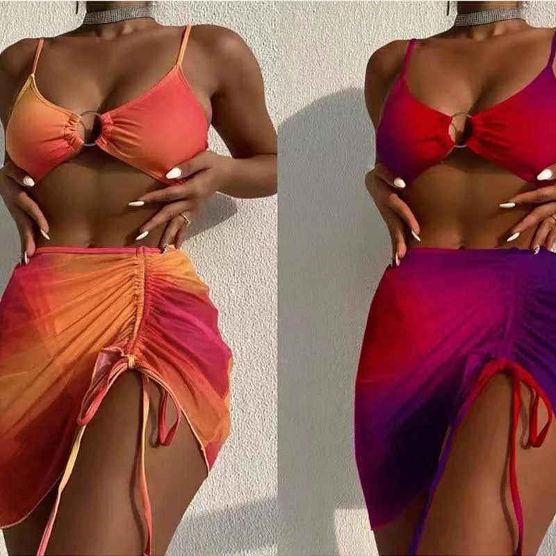 Women's orange and purple gradient three-piece swimsuit with adjustable loop buckle design