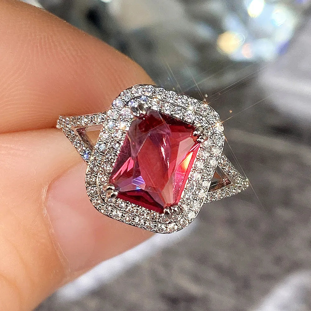 Women's square princess cut copper ring with rhinestones in F827 Red colour.