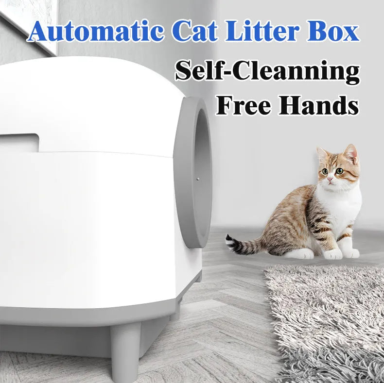 White automatic self-cleaning enclosed cat litter box with ABS plastic construction.