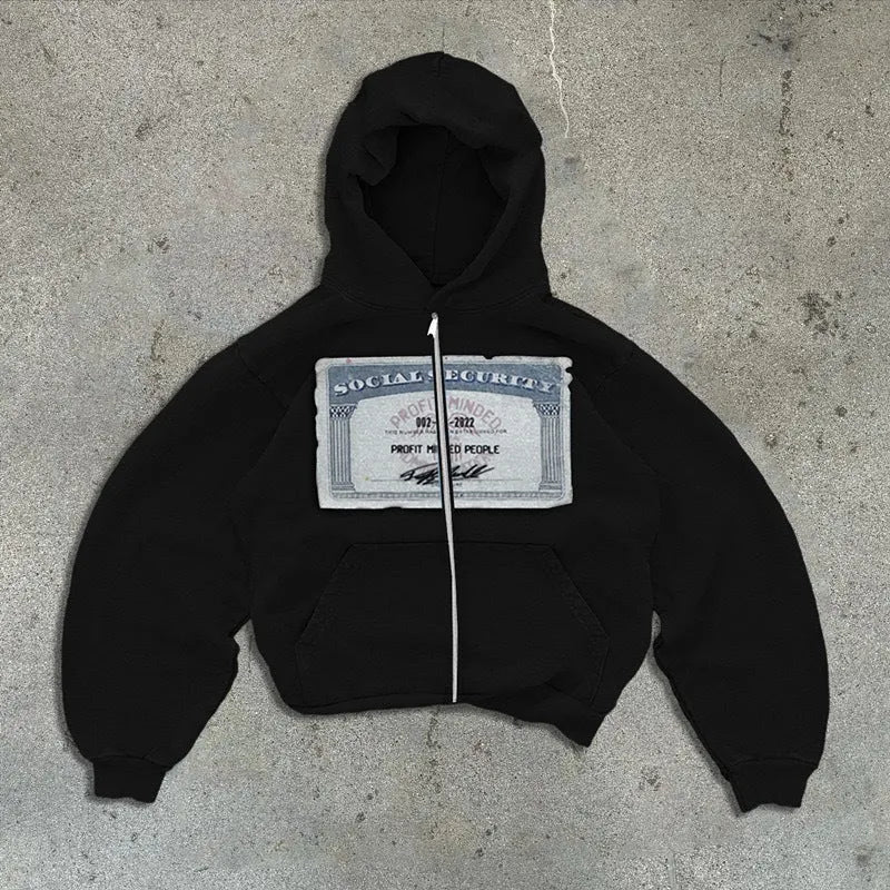 Unisex loose fit hoodie jacket with letters pattern and zipper pockets in black, grey, or pink.