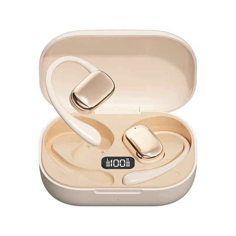 Wireless ear-mounted headphones with digital display screen in black colour