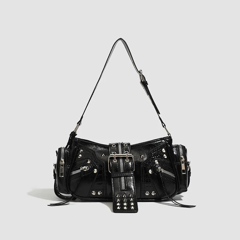 Black retro dumpling-shaped shoulder handbag with oil wax leather finish and external pocket