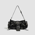 Black retro dumpling-shaped shoulder handbag with oil wax leather finish and external pocket