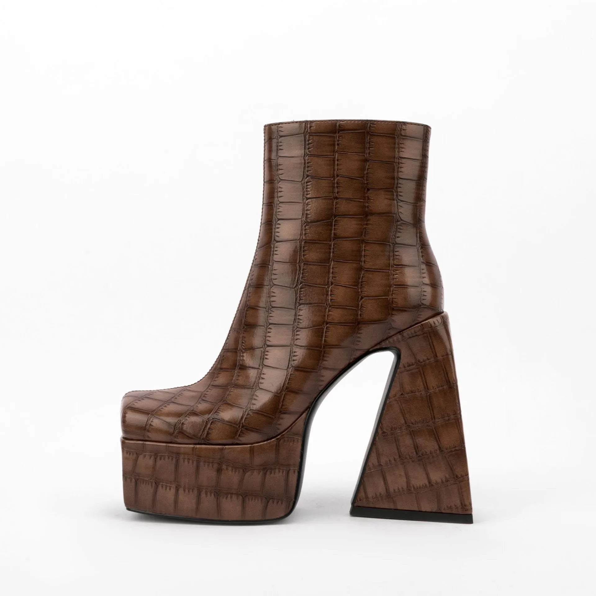 Women's ankle boots in artificial PU leather with a super high heel, shown in red, green, black, beige, and brown colours.
