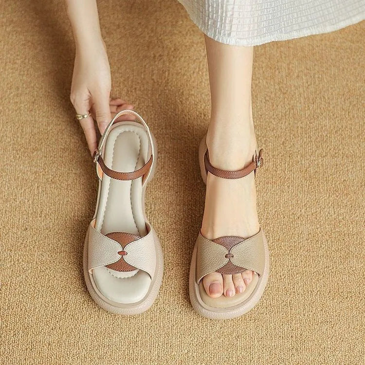 Women's khaki platform sandals with a chunky heel and open toe design on a rubber sole.