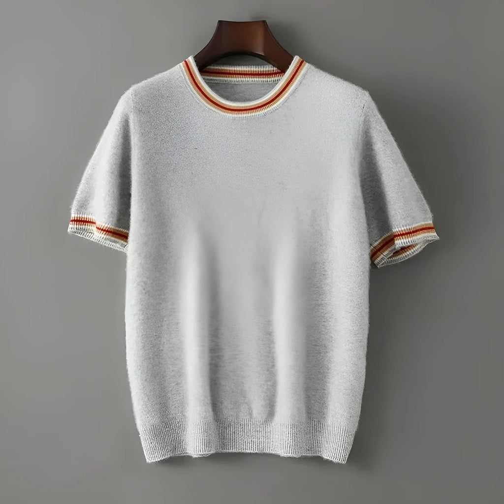 Men's round neck short sleeve pure wool sweater in black, shown on a hanger.