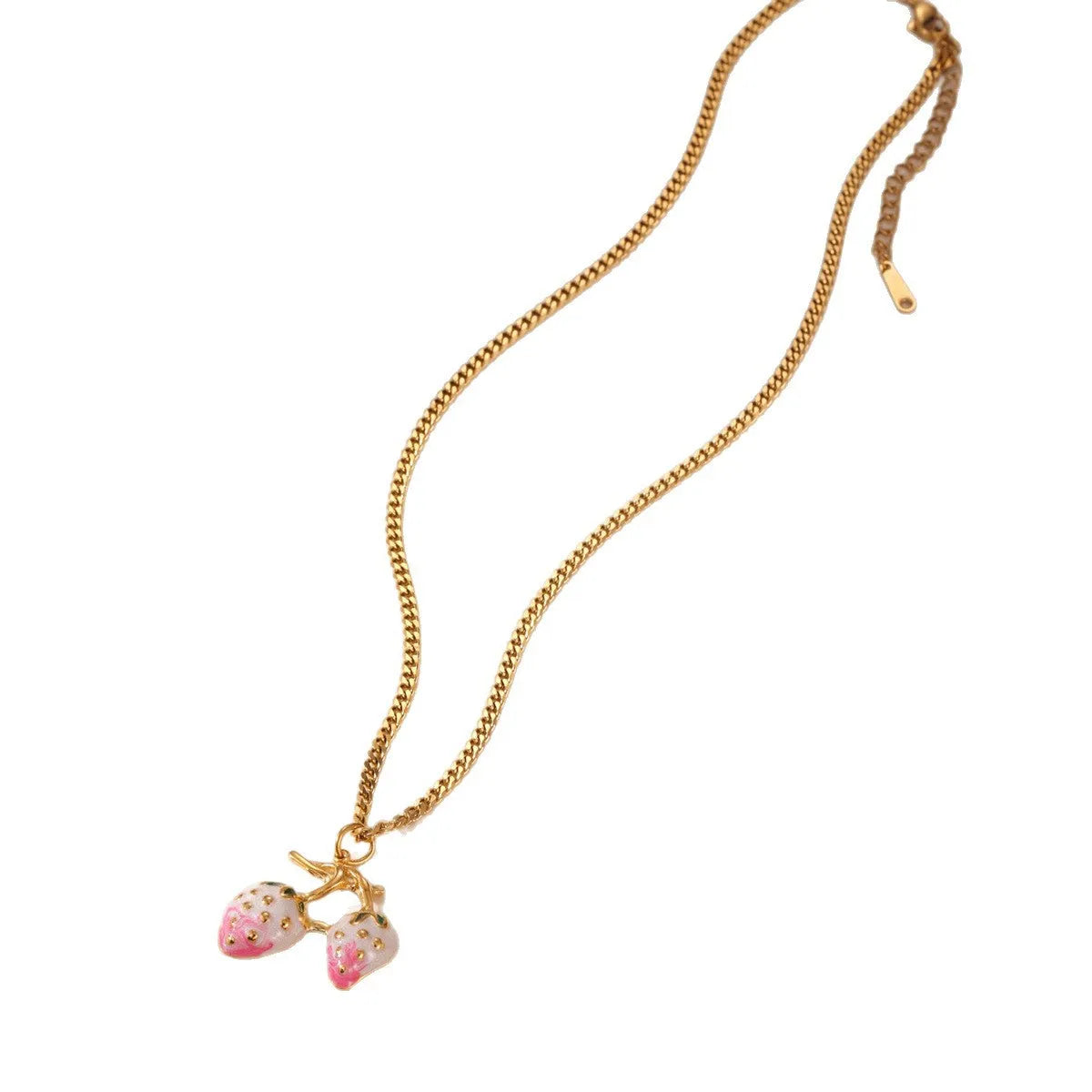 Women's strawberry-shaped alloy pendant necklace on a stainless steel chain in red or white powder gradient colour.