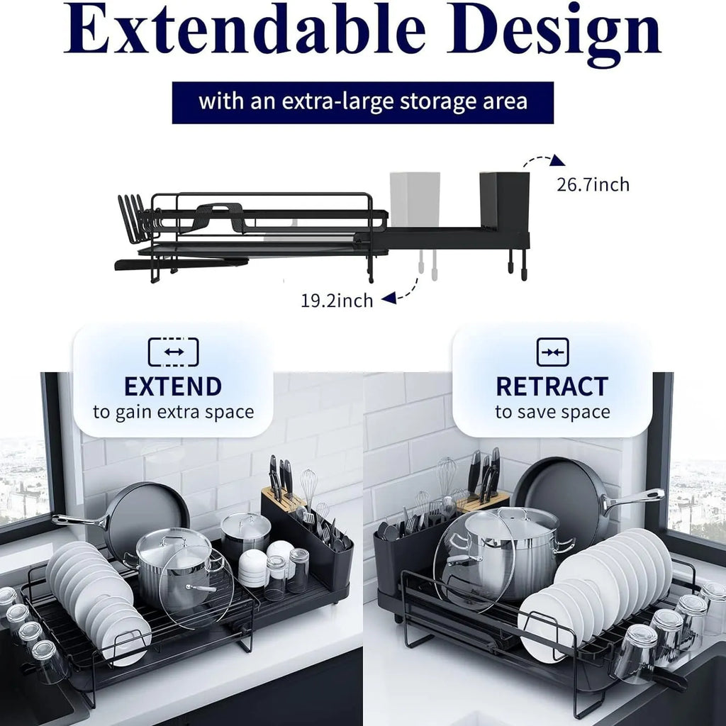 Retractable carbon steel dish rack for cutlery drying with foldable design