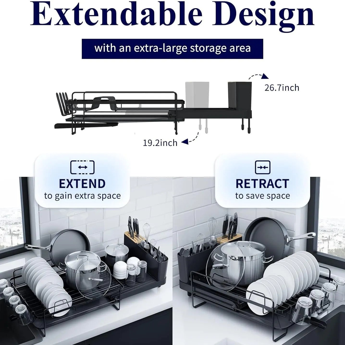 Retractable carbon steel dish rack for cutlery drying with foldable design