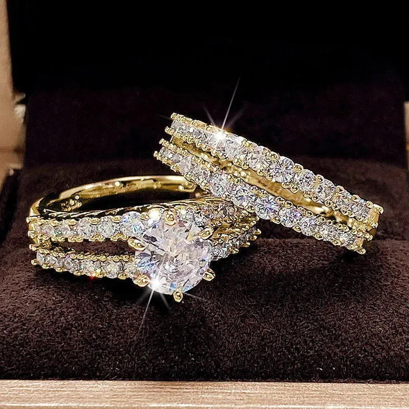 2-in-1 fully-jewelled female ring set in geometric design with diamond detailing, shown in silver, gold, and rose gold finishes