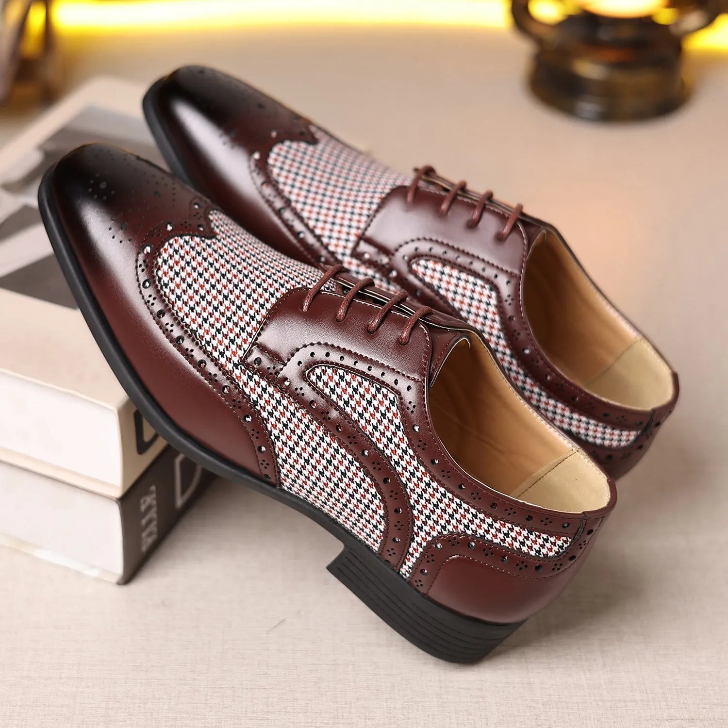 Men's black houndstooth pattern casual shoes with square toe and lace-up front.
