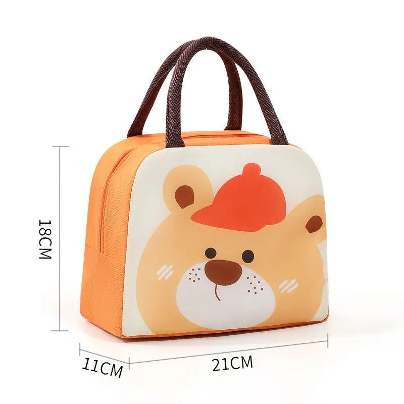 Orange cartoon bear insulated lunch box bag with aluminium foil lining for heat preservation.