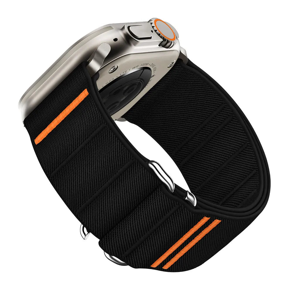 Elastic nylon Apple Watch replacement strap with stainless steel buckle in multiple colour options.