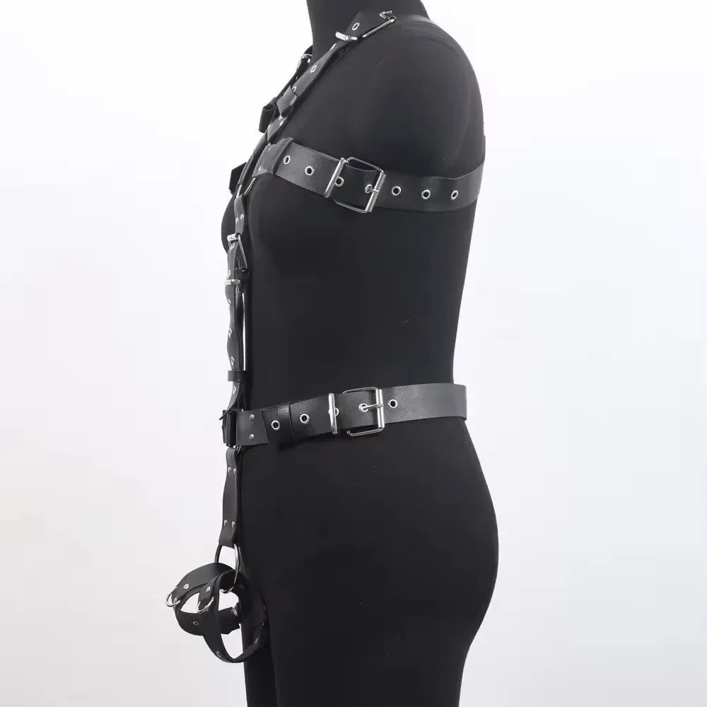 Black imitation leather bondage suit set with thin corset belt and adjustable pin buckle.