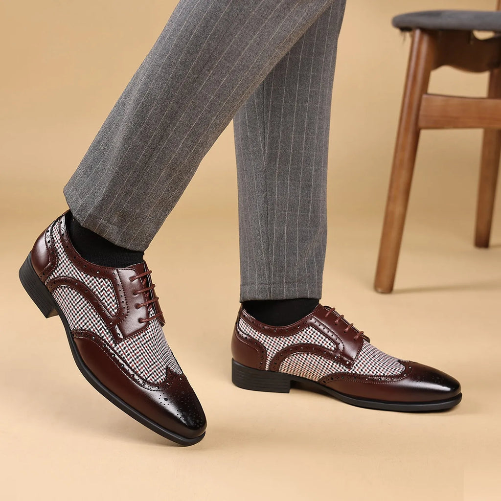 Men's black houndstooth pattern casual shoes with square toe and lace-up front.