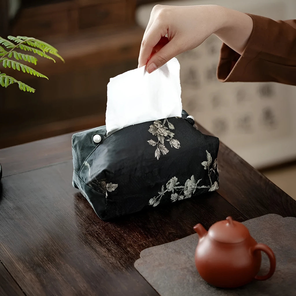 New Chinese style white embroidered plum blossom brocade fabric tissue box with pearl buckle.