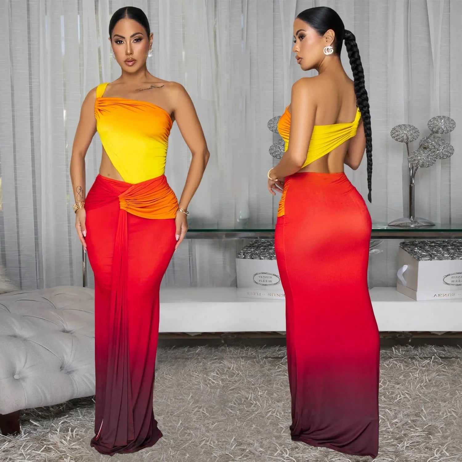 Women's gradient colour asymmetric cross-shoulder sleeveless dress with a high waist and long skirt.