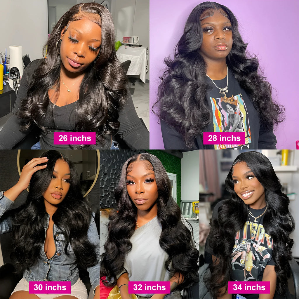 Black synthetic curly wig with front lace and side bangs, shown in long lengths.