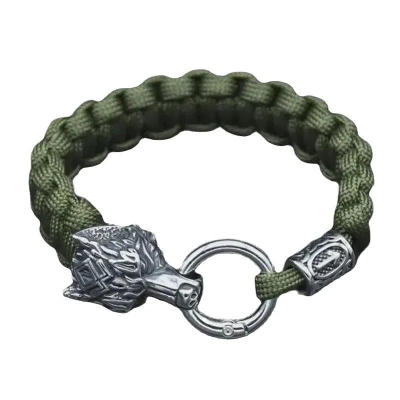 Handmade titanium steel wolf head bracelet with Luen character in camouflage colour.