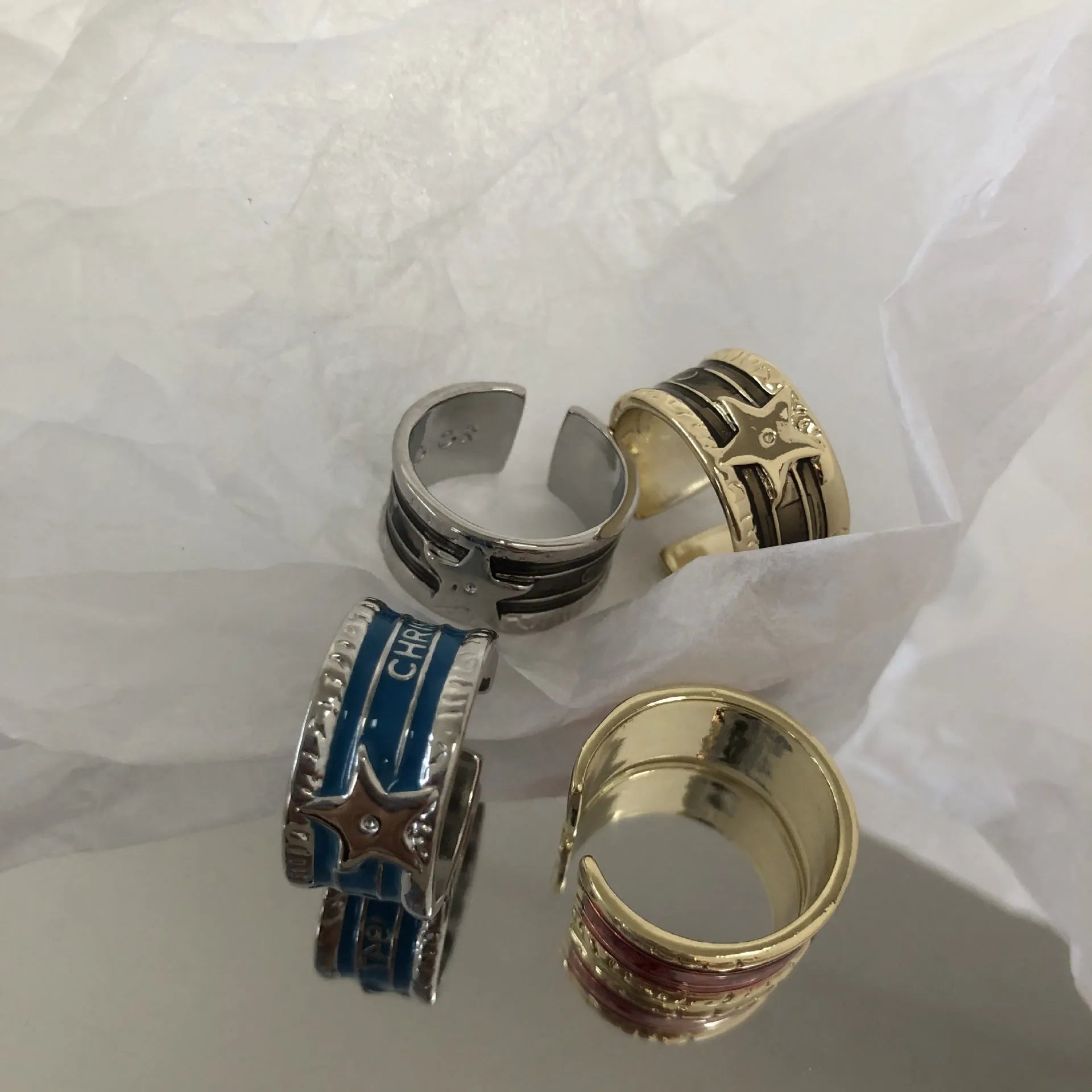 Distressed XINGX geometric drop oil ring in electroplated copper with adjustable sizing