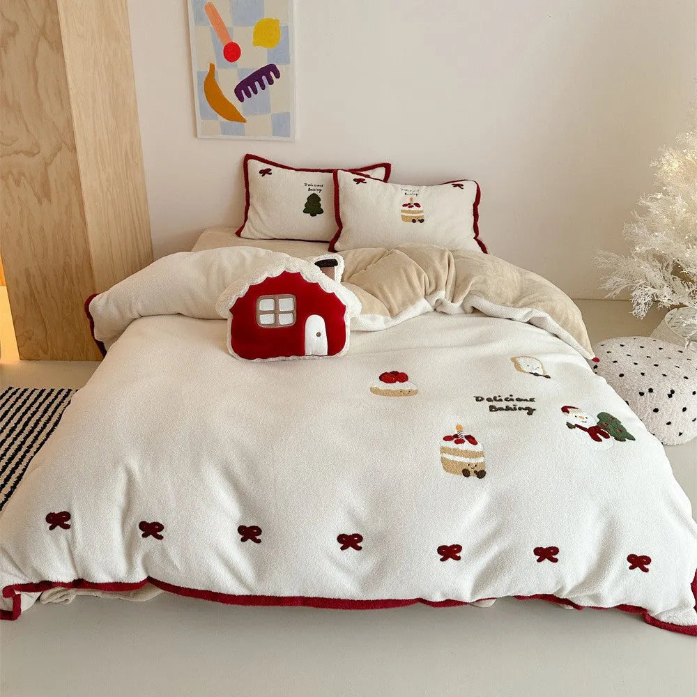 Winter Christmas cartoon bedding four-piece set with heart pattern on polyester fabric