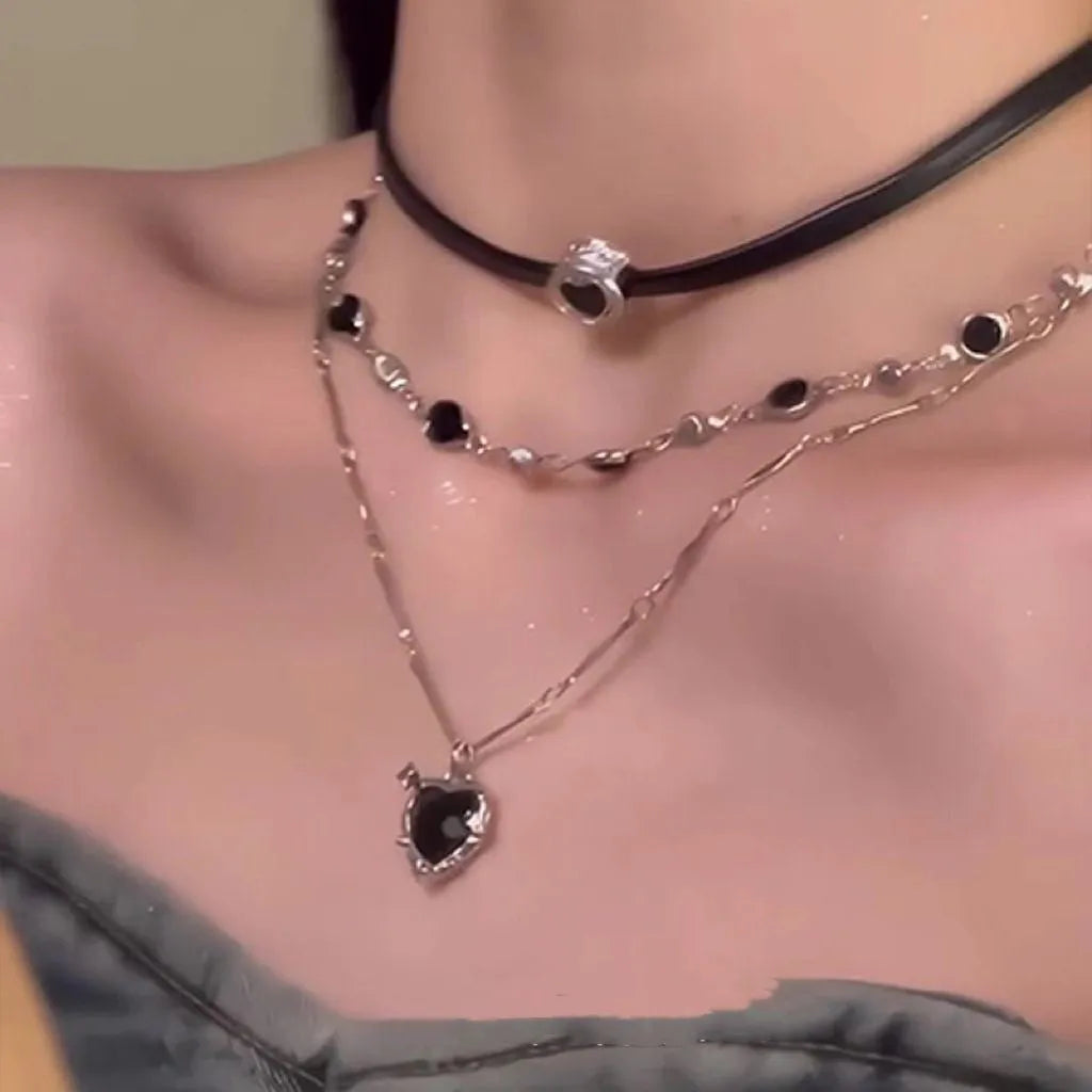 Women's creative multi-layer twin necklace with heart pendant designs on adjustable clavicle chain