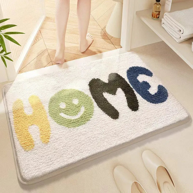 Square sky sea coloured floor mat with a printed rainbow pattern, flat polyester fibre texture.