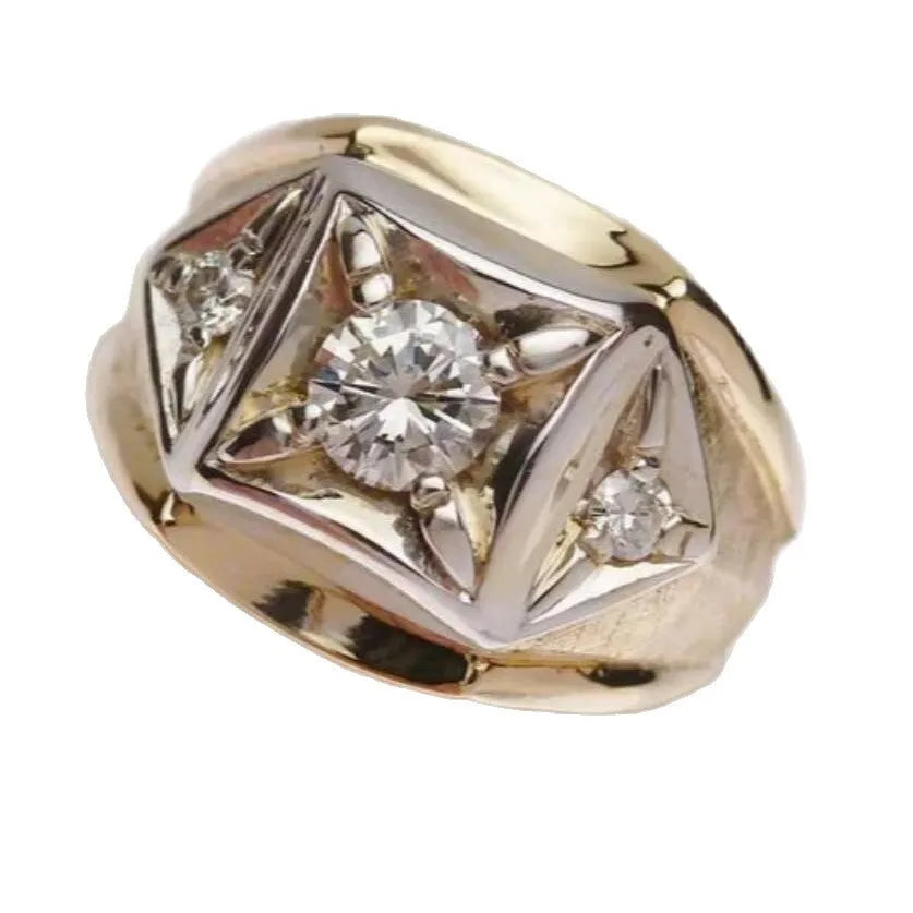 Gold-coloured geometric hollow copper couple ring with wide face and chamfered square pattern.