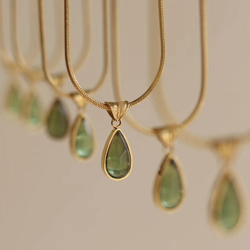 Retro water drop necklace with mixed gem inlaid pendant on titanium steel snake bone chain