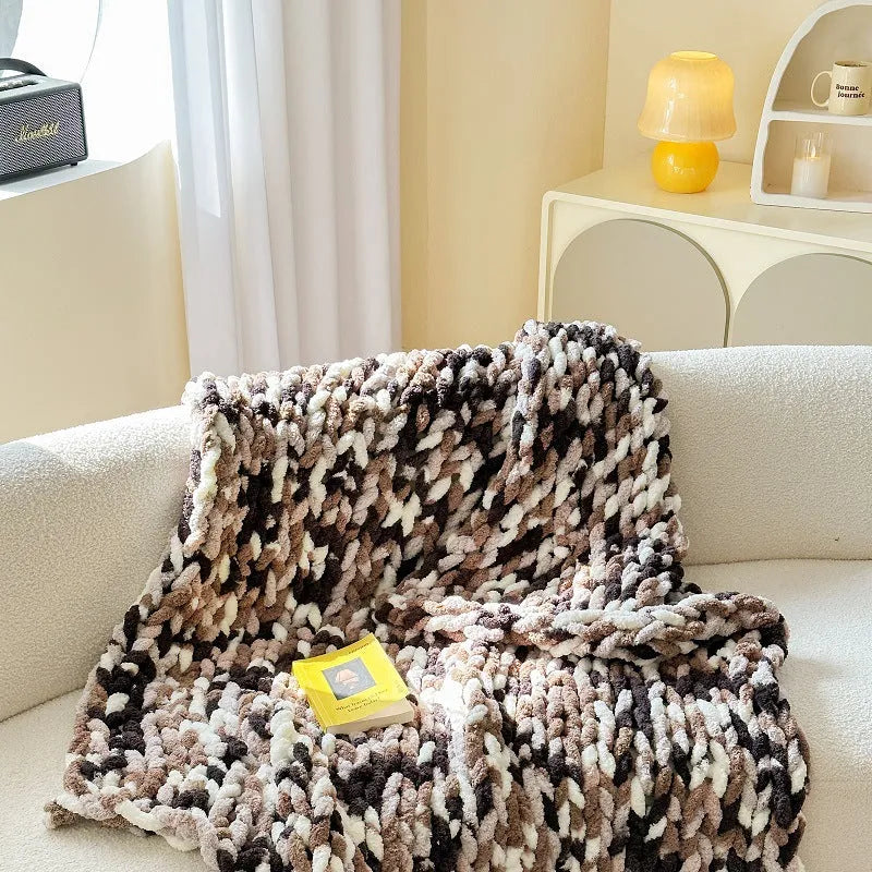 Handmade chenille striped blanket in four colour options showing 130x170cm dimensions