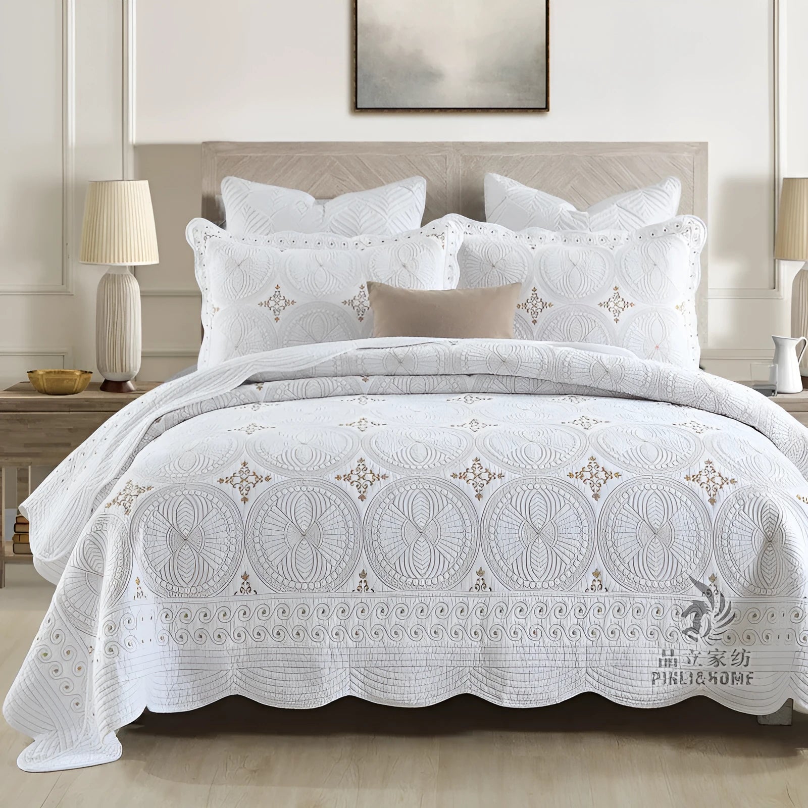 Pure cotton embroidered bed cover set with pillowcases on a double bed.