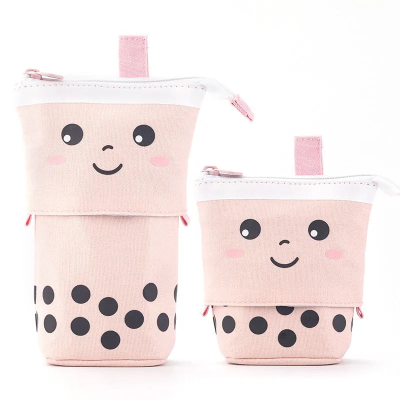 Canvas retractable pencil case with heart smiley face in blue velvet milk tea colour