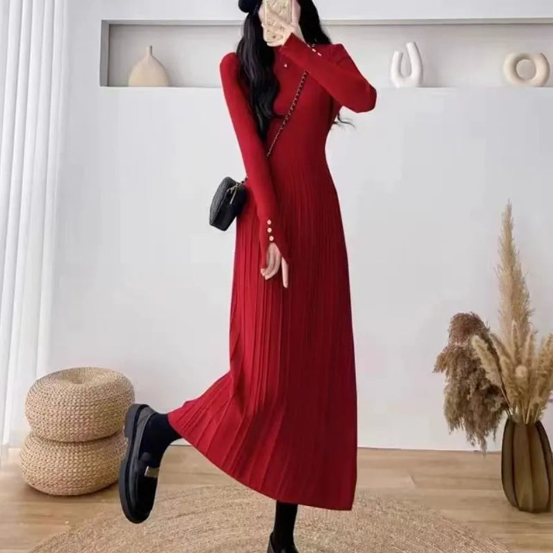 Women's knitted A-line midi skirt in high waist design available in five colours