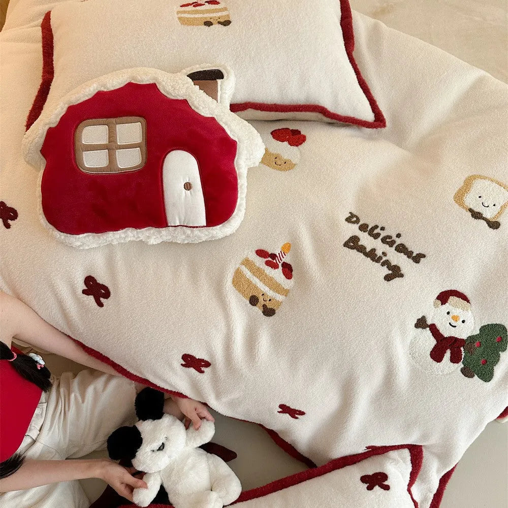 Winter Christmas cartoon bedding four-piece set with heart pattern on polyester fabric