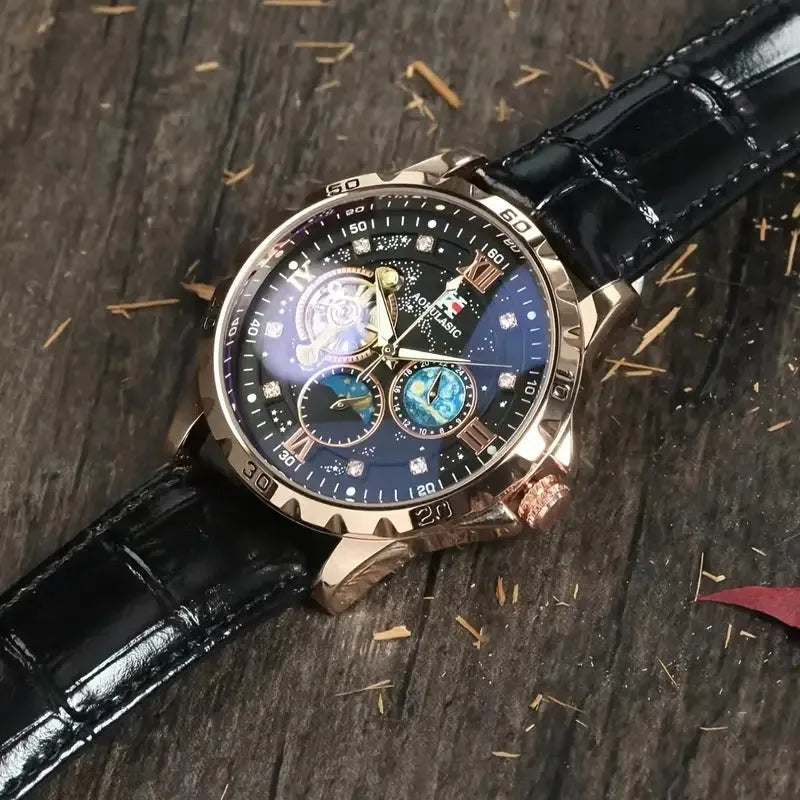 Automatic mechanical watch with hollow dial, rose gold case, black leather strap
