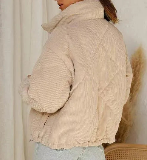 Women's apricot corduroy wadded jacket with stand collar and zip front in street fashion style