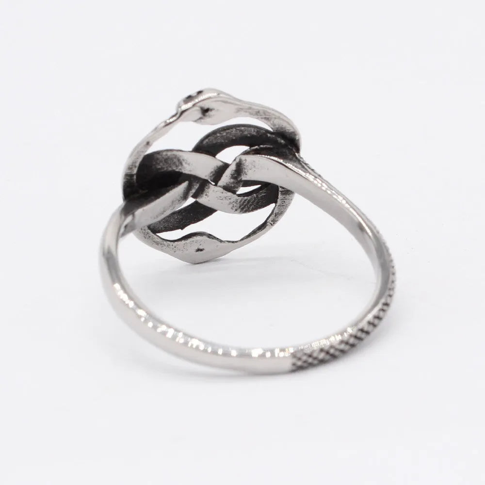 Titanium steel double snake ring in steel colour on a plain background, showing retro design detail.
