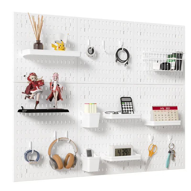White punch-free wall wire-wrap storage rack organising cables on plain wall