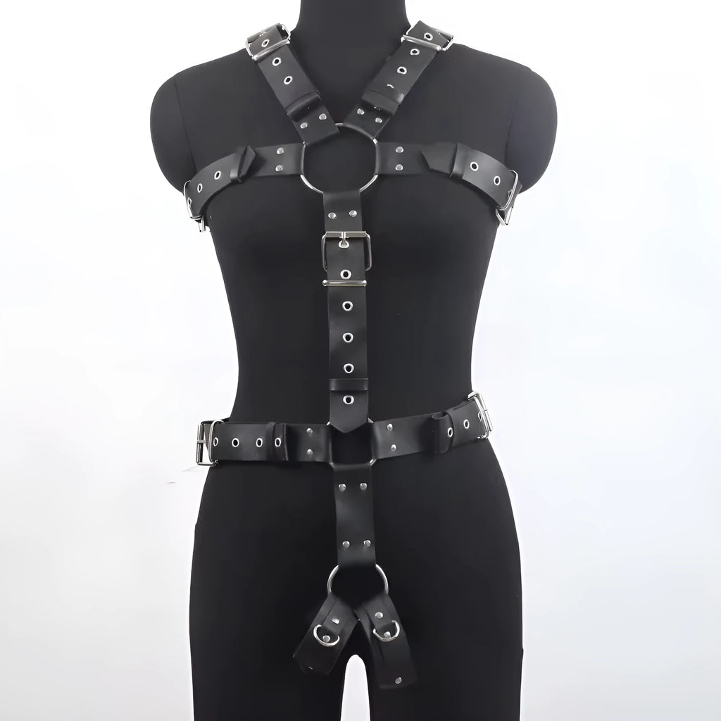 Black imitation leather bondage suit set with thin corset belt and adjustable pin buckle.